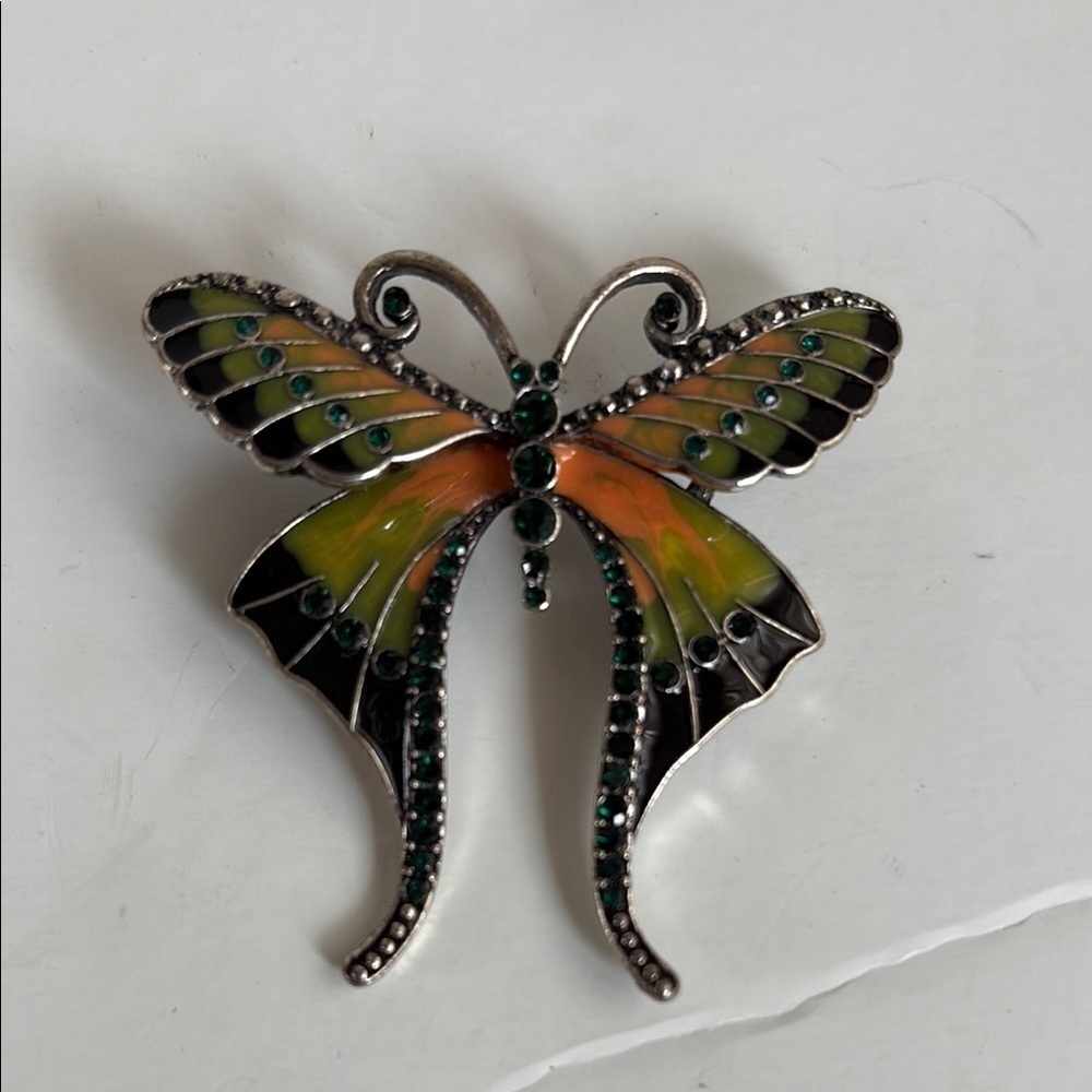 Vintage green rhinestone and enamel butterfly brooch silver multicolored